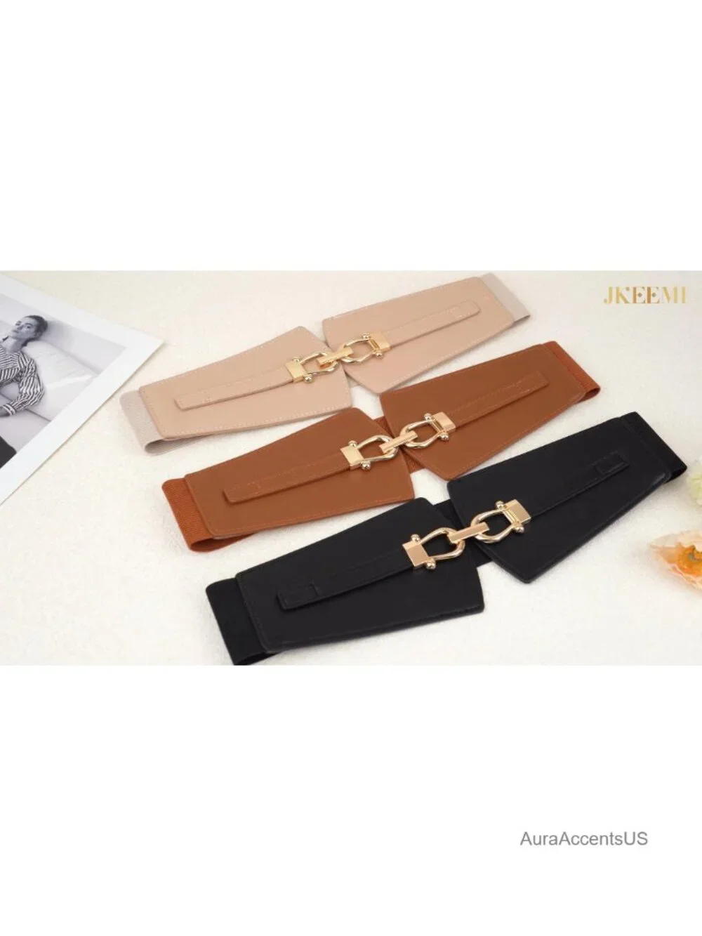 Wide Stretch Elastic Belt Gold Buckle for Dresses Coats